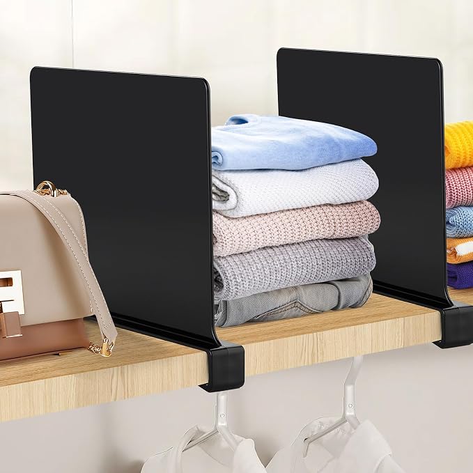Matte Black Acrylic Shelf Dividers for Closets Organizer & Storage,2 Pack | Adjustable Vertical Wood Shelf Closet Separators, Keep Clean, for Clothes,Book,Bags, in Bedroom and Kitchen