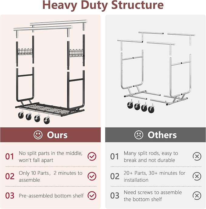 Hoctieon 2-Minute Assembly Double Rod Clothes Rack, Heavy Duty Rolling Clothing Racks with Wheels, Foldable Commercial Garment Rack, Extendable Hanging Bar, Adjustable Metal Pole with Hooks, Black