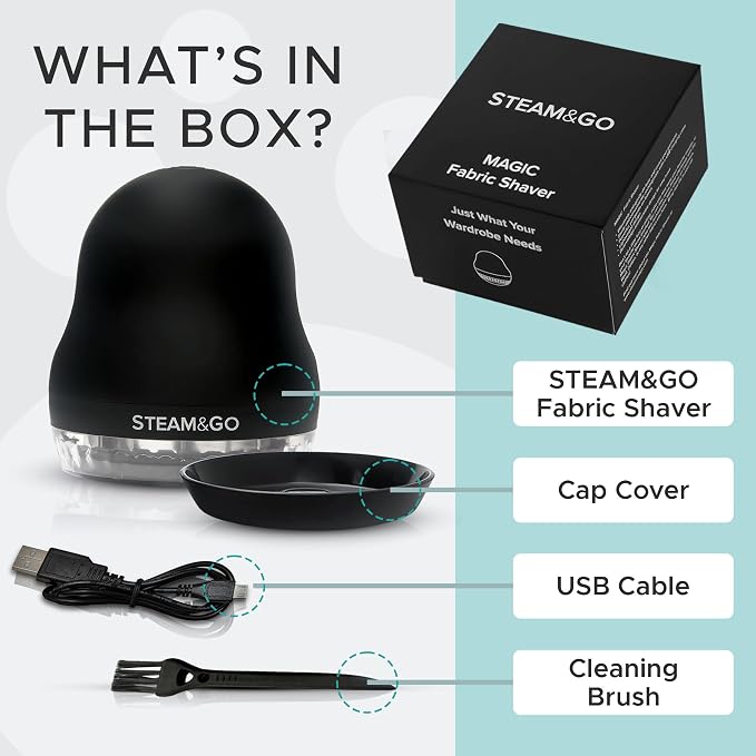 Steam & Go - Fabric Defuzzer, Rechargeable Fabric Shaver and Lint Remover, Portable Sweater Shavers to Remove Pilling, Fuzz, and Fluff, Lint Remover for Clothes and Beddings, Easy to Use Black | Rechargeable Fabric Shaver, Lint Remover, & Sweater Shave...