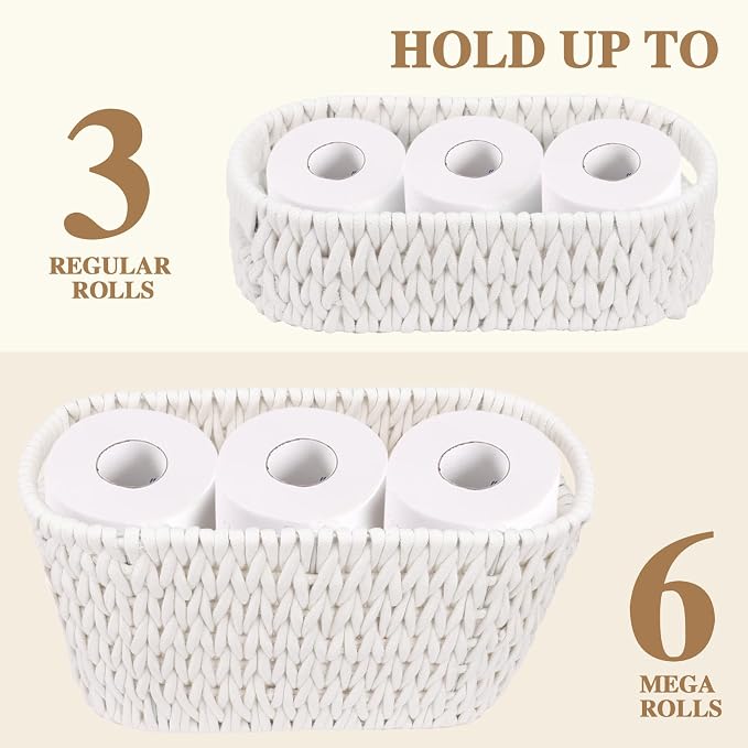 Boho Toilet Paper Storage Baskets, Cotton Rope Woven Bathroom Basket Set of 2, Standing Toilet Paper Holder for 6 Mega Rolls,Storage Bins for Toilet Tank Top, Bathroom Organizer Decor (White 2 Pack)