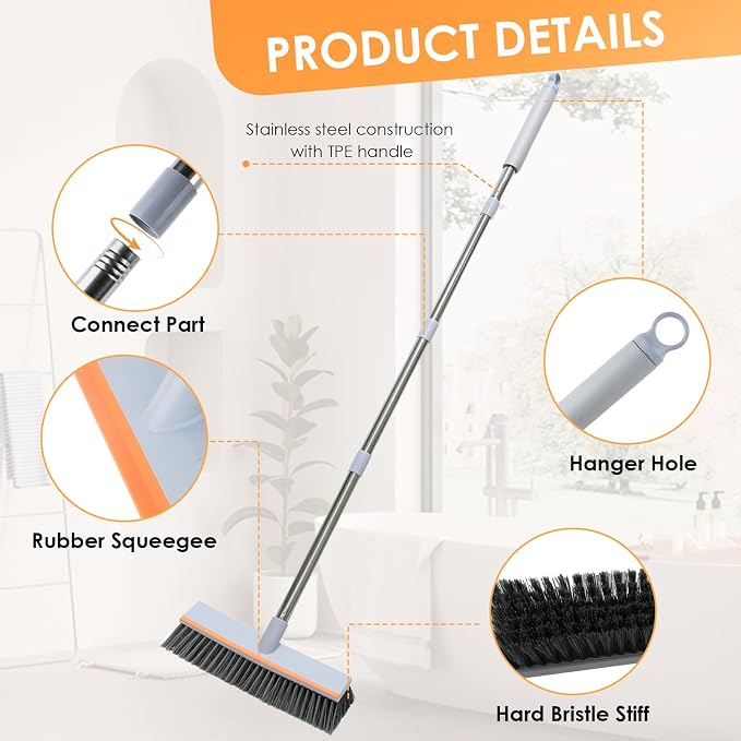 Floor Scrub Brush with 45" Long Handle, 2-in-1 Heavy-Duty Stiff Bristle Scrubber Brush Broom with Scrape Squeegee for Cleaning Bathroom, Shower, Kitchen, Patio, Pool, Garage, Tile, Wall and Deck