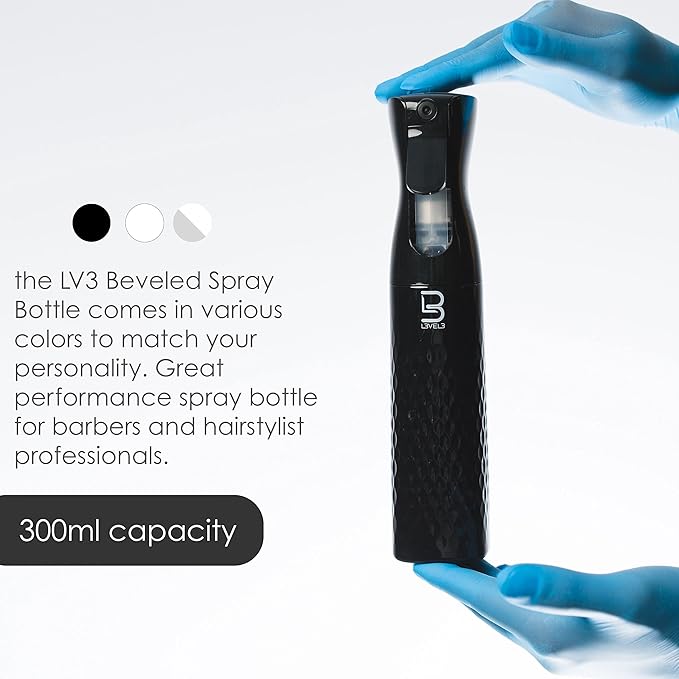L3 Beveled Spray Bottle - Continuous Spray with a Fine Mist Pattern - Barber and Hair Stylist Supplies - Less Hand Fatigue Compared to Standard Bottles - Level Three Barber Spray - 300 ml (Black)
