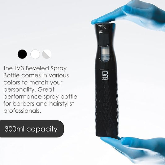 L3 Beveled Spray Bottle - Continuous Spray with a Fine Mist Pattern - Barber and Hair Stylist Supplies - Less Hand Fatigue Compared to Standard Bottles - Level Three Barber Spray - 300 ml (Black)