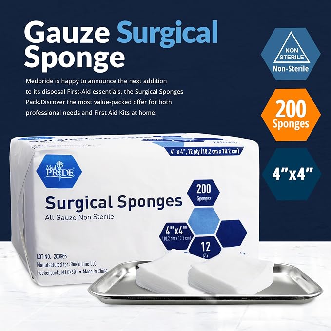 MED PRIDE Surgical Gauze Sponges,4 x 4 in,12-Ply,Non-Sterile,200-Count Pack