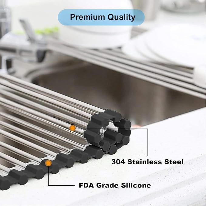 Searik Dish Drying Rack Roll Up Sink Drying Rack, Over The Sink Dish Rack Multi-Use Stainless Steel Dish Drainers Heat Resistant Mat for Drying Draining Trivet (17.7"x13.8")