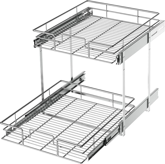 LOVMOR 2 Tier Individual Pull Out Cabinet Organizer 17" W x 21" D, Slide Out Kitchen Cabinet Storage Sliding Shelves