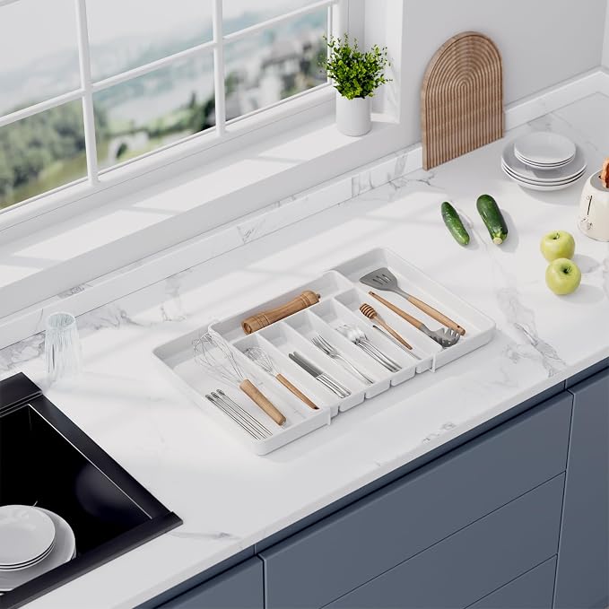 Aujen Silverware Organizer - Expandable Kitchen Drawer Organizer, Adjustable Utensil Organizer, Cutlery Tray for Forks, Knives, Multipurpose Kitchen Organizers and Storage Solution, White, Large