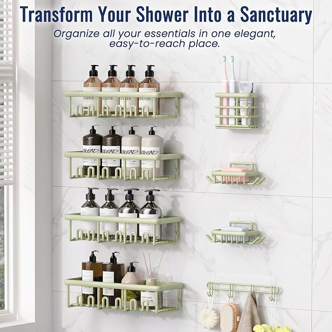 8 Pack Adhesive Rustproof Shower Caddy with Soap Dishes, Toothbrush Holder & Hooks, Large Capacity No-Drilling Shower Shelves Rack for Bathroom Organizers and Storage Accessories, Green