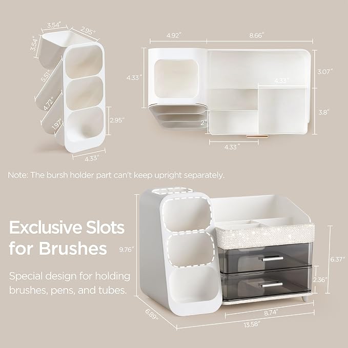 HBlife Makeup Organizer with Brush Holder for Vanity, Large Plastic Bathroom Countertop Organizer Skin Care Storage, Easy to Store Lipsticks, Nail Polishes, Perfumes, Eyeshadow Palettes, Pearl White