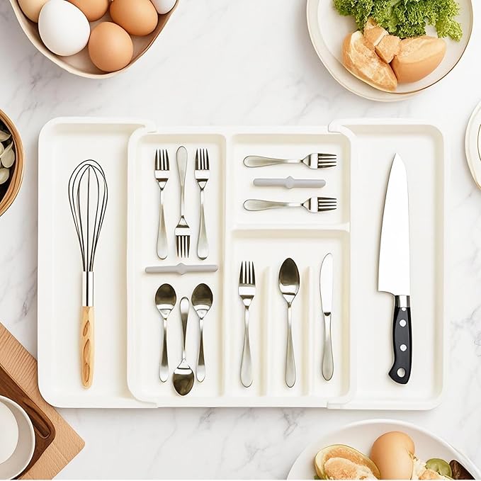 Silverware Organizer, Expandable Cutlery Drawer Organizer Utensil Tray for Home and Kitchen, Upgrade Adjustable Plastic Storage Flatware Holder for Forks, Spoons and Knives Large White