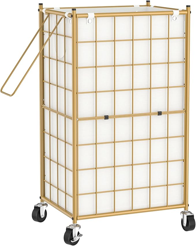WOWLIVE Rolling Laundry Basket, Metal Wire Frame Laundry Hamper with Wheels | Gold Hamper with Removable Bag, 100L Dirty Clothes Hamper Organizer Dorm Room Storage for Bedroom, Bathroom, Golden