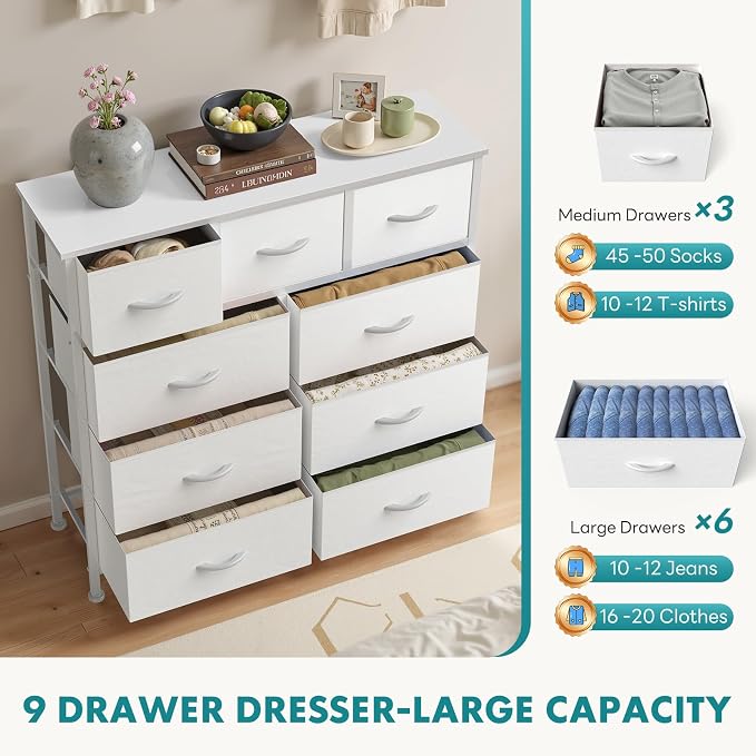 OLIXIS 9 Drawer Dresser for Bedroom, Closet Organizers and Storage, White | Tall Fabric Dresser with Wooden Top, Chest of Drawers for Clothes Storage, Tower Cabinet, Bedroom Furniture, TV Stand