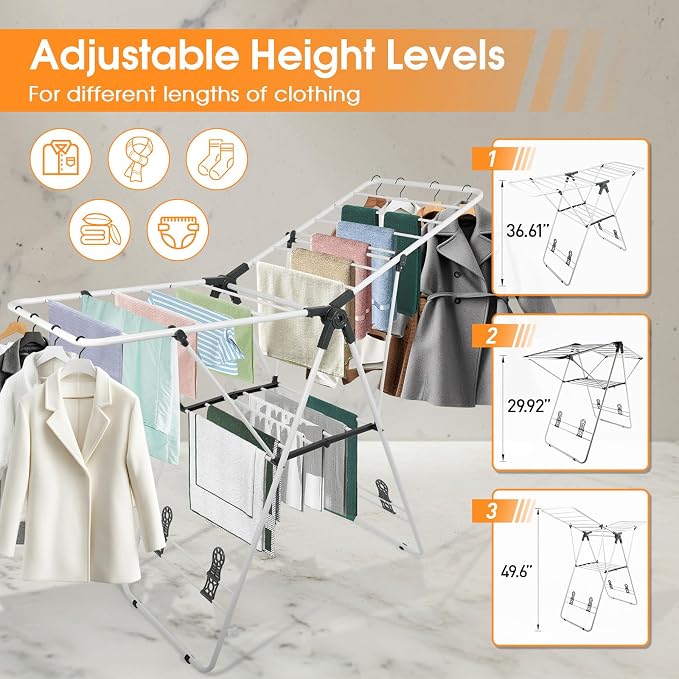 Clothes Drying Rack Foldable Metal Laundry Drying Rack White | with Height-Adjustable Wings, Space Saving, Indoor Outdoor Use, Free-Standing Airer