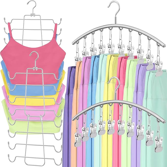 TomCare 4 Pack Space Saving Hangers, Tank Top and Leggings Organizers | 360° Swivel Design, 20 Clips for Leggings and Yoga Pants, Stainless Steel Hanging Closet Organizer