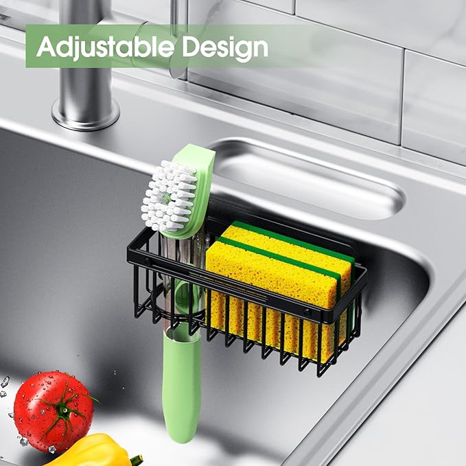 Expandable Kitchen Sink Caddy, Strong Adhesive Mount Detachable Sponge Holder for Kitchen & Bathroom Sink with Extra Suction Cups, Holds Sponges, Dish Brushes, Scrubbing Pads - Black