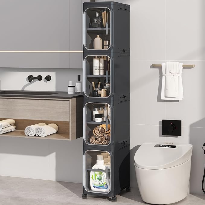 4 Tier Slim Bathroom Storage Cabinet, Foldable and Movable, Black | Tools Free, ABS and PET, Magnetic Clear Door, Adjustable Shelves, Lockable Wheels, Water Resistant, For Narrow Space