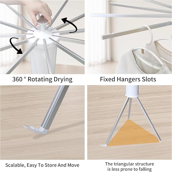 RFOUO Foldable Clothes Drying Rack Tripod with Aluminum 12 Rods | Portable，Space-Saving Freestanding Drying Rack for Indoor Outdoor, Apartment, Bedroom, Laundry Room