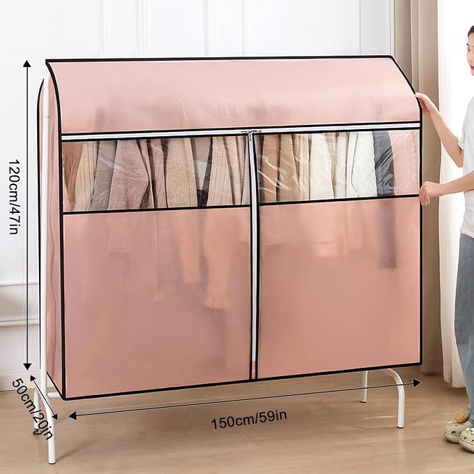 Clothing Rack Cover, Hanger Covers, Non-Woven with 3 Way Zipper, Large Transparent Window, Top Seal for Single Pole Clothes Drying Rack(Pink,150x50x120cm/59x20x47in)
