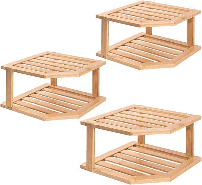 VERTORGAN Bamboo Corner Shelf(3 Pack),2 Tier Plate Organizer for Cabinet and Countertop,Pantry Dish and Spice Rack for Kitchen