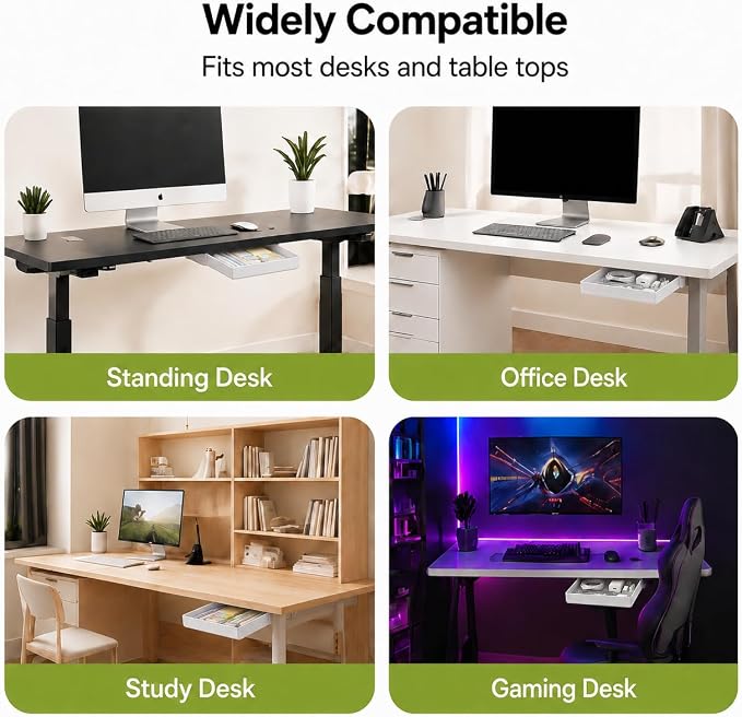 YOOUSOO 2 Pack Under Desk Storage Drawer Organizer Self Adhesive | Hidden Slide Out Drawer Attachment, with Self - Adhesive Feature for Desktop and Table Organization, Hidden Under Desk