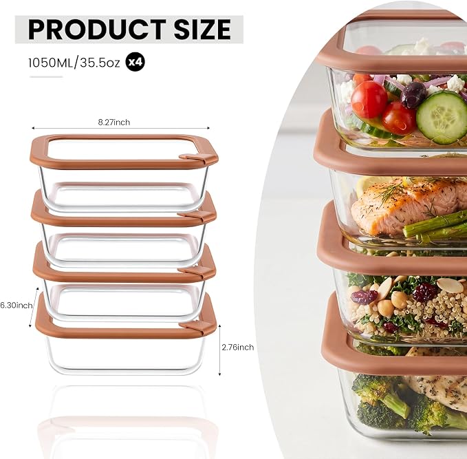 Taree Glass Food Storage Containers, 8 Pack 35oz, Brown Lids | Warm Brown Lid Design • Glass & Silicone Lids • Airtight Leakproof Seal • Steam Vent • Microwave-Safe Lid