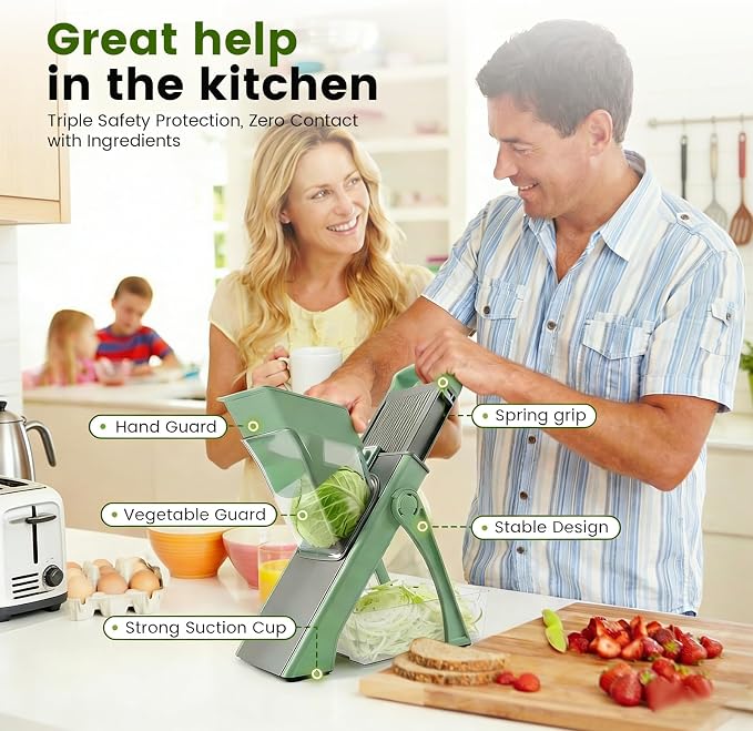 4-in-1 Safe Mandoline Slicer & Vegetable Chopper with 0.1-8mm Adjustable Thickness, Dicer, Julienne & French Fry Cutter Functions, Foldable Kitchen Gadget with Container (Green)