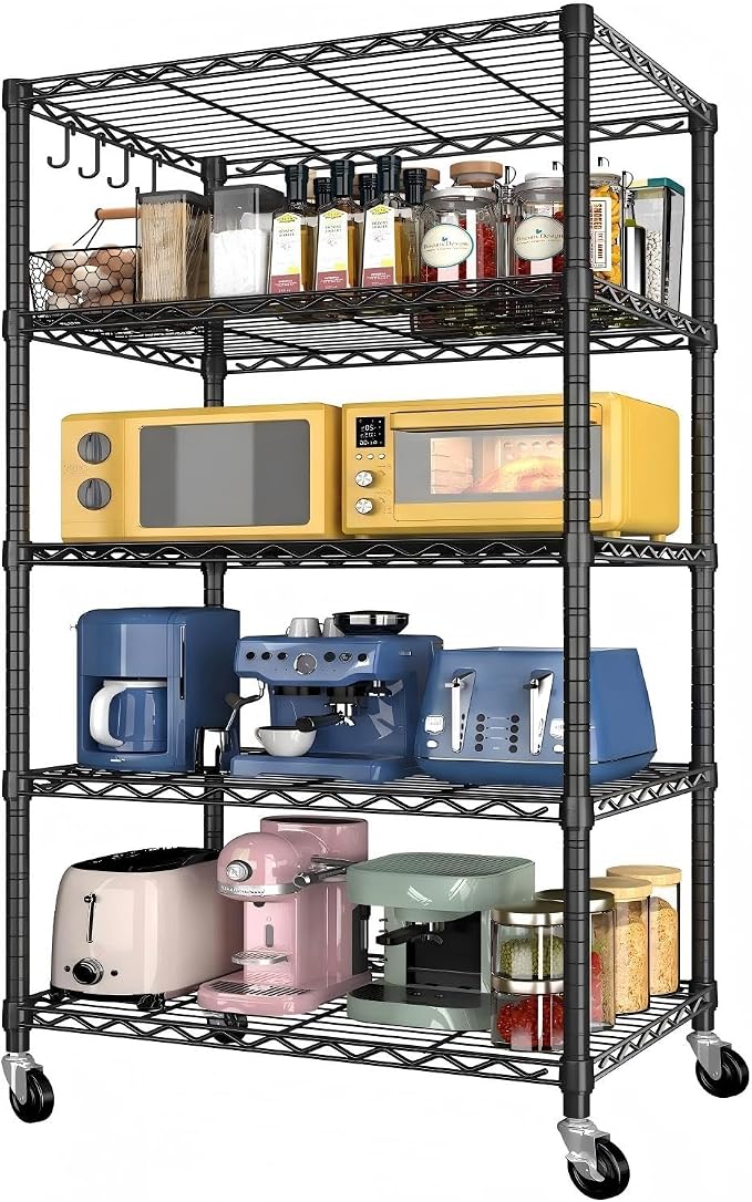 Wire Storage Shelves with Wheels: 5 Tier Adjustable Metal Shelving Unit, NSF Heavy Duty Kitchen Bakers Rack, Rolling Pantry Shelf Organizer for Closet, Laundry, Garage, 24" W x 18" D x 75" H