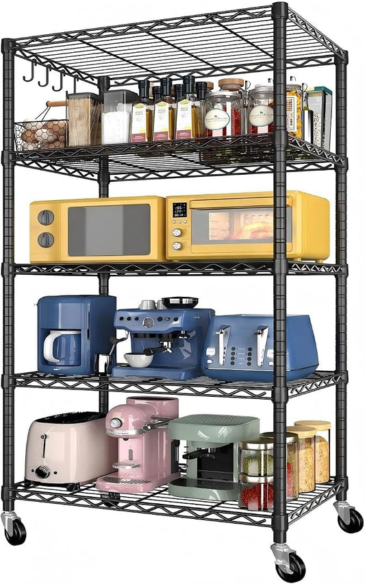 Wire Storage Shelves with Wheels: 5 Tier Adjustable Metal Shelving Unit, NSF Heavy Duty Kitchen Bakers Rack, Rolling Pantry Shelf Organizer for Closet, Laundry, Garage, 24" W x 18" D x 75" H