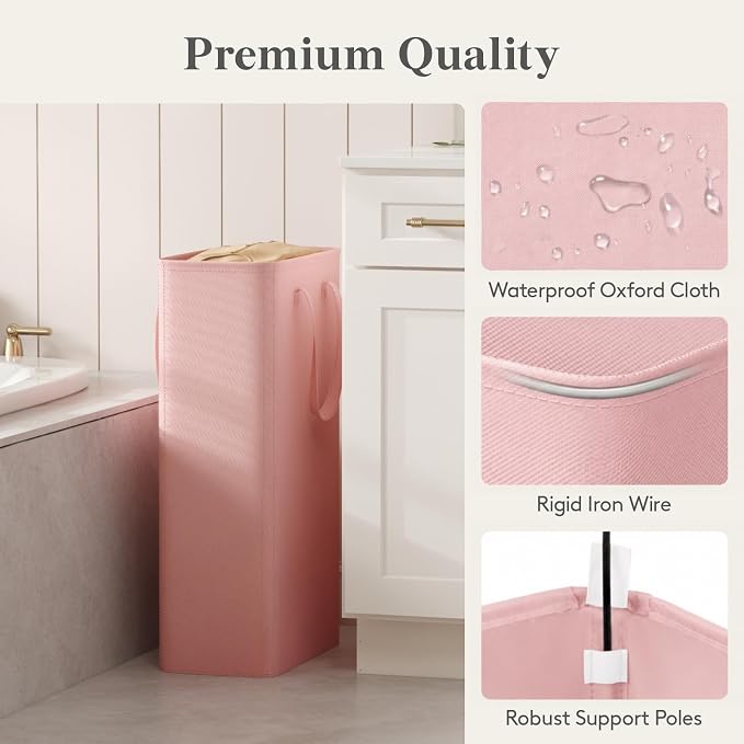Lifewit 65L Narrow Laundry Basket Tall for Dirty Clothes, Slim Collapsible Laundry Hamper with Handles, Laundry Bag Bin for Bedroom Dorm Laundry Room, Pink