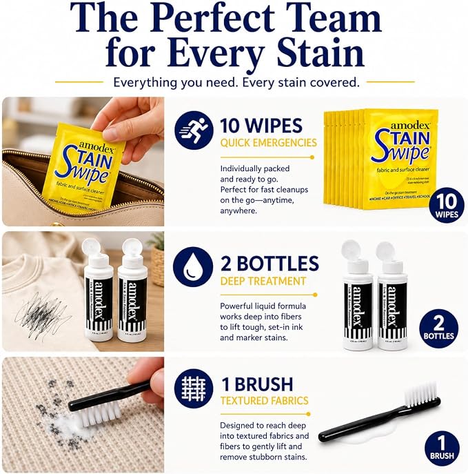 Amodex Ink & Stain Remover Arsenal, Safe and Effective on Clothes, Leather and Skin, Full Set for all your Stain Removal Needs, Includes 2 Bottles, 1 Brush, 10 Wipes