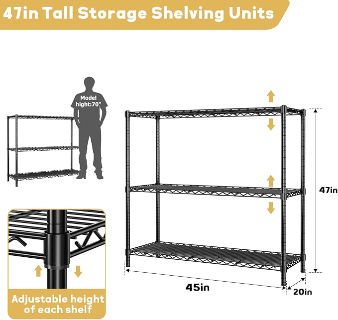ROOMTEC 3-Tier Wire Shelving Unit,45" W*20" D*47" H,Max Load 1200 lbs | Small Garage Shelves,Adjustable Storage Rack, Metal Shelf for Kitchen, Pantry, Laundry Room, Basement