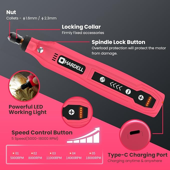 HARDELL Mini Cordless Rotary Tool, 4V 129pcs Rechargeable Rotary Tool Kit | USB Charging Multi-Purpose DIY Tool for Sanding, Polishing, Drilling, Engraving, Woodworking, Craft