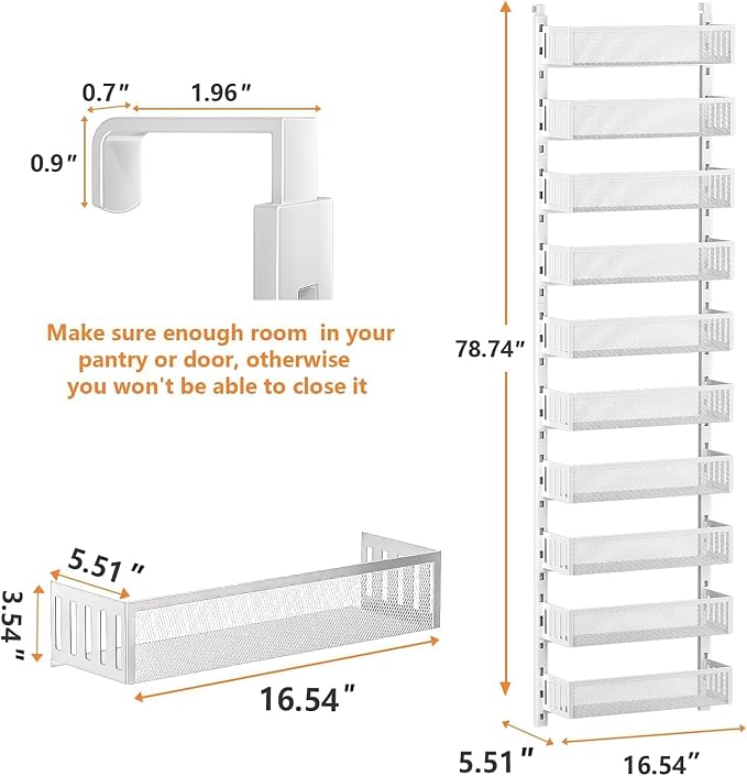 10-tier Over The Door Pantry Organizer with Mesh Baskets, Adjustable & Stable Hanging Spice Rack for Kitchen, Bathroom, Bedroom, and Baby Essentials Storage (16" W 10-Tiers, White)