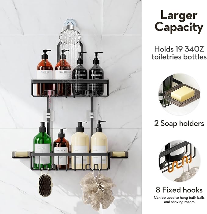 Shower Caddy Hanging, Never Rust Shower Organizer Hanging, Aluminum Shower Racks for Inside Shower with Hooks for Razor, Bathroom Organizers and Storage with Soap Holder, Black