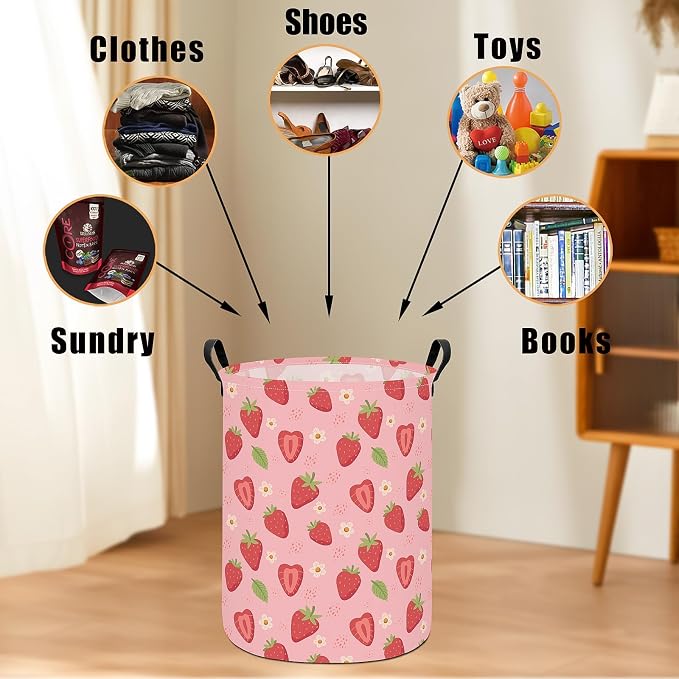 Round Laundry Basket Collapsible Storage Hamper Flower Strawberry | Waterproof Canvas Foldable Baskets with sturdy Handles Multi-scene Organizer for Home Play Bedroom Gift Bin