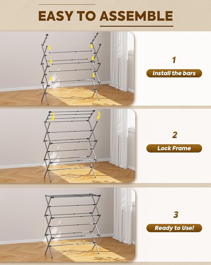 KINGBOARD 3-Tier Extendable Clothes Drying Rack, Small & Foldable, Grey | 37.4"H x 33.8"W x 11.2"D, Space-Saving Collapsible, Easy Assembly, Rust-Resistant Iron Frame, Indoor Outdoor Use, 25lb