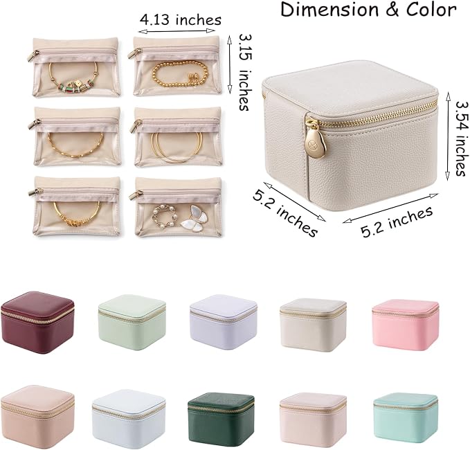 VLANDO Travel Jewelry Box Organizer – Portable PU Leather Jewelry Case with 6/8/12 Zippered Pouches, Compact Storage for Earrings Rings Necklaces Bracelets, Offwhite