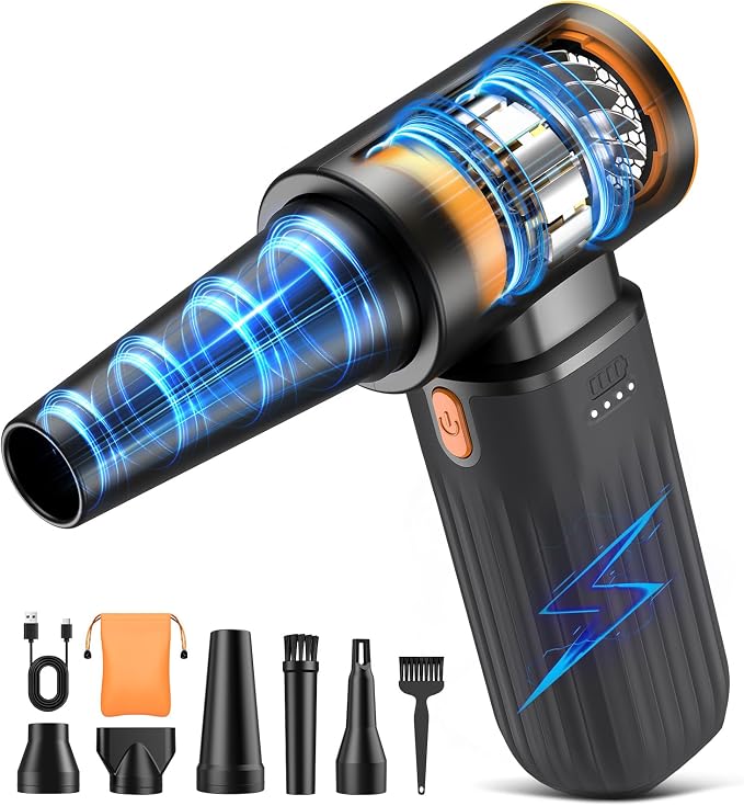 VASSON Compressed air Duster High-Speed Brushless Motor, 3-Speed Adjustable | 5 different nozzles Type-C fast charging Powerful Dust Cleaner for Keyboard, Computer, Car, Outdoor, Air Bed
