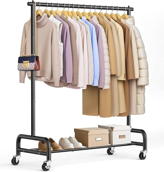 SLEEPING LAMB Heavy Duty Clothing Racks for Hanging Clothes Rack, 43" Wide Rolling Garment Rack Metal Clothing Hanger Rack with Wheels Wardrobe Rack for Coats, Shirts, Dress, (Black)
