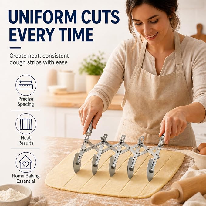 Wheel Adjustable Pasta Cutter with Handle - Stainless Steel Multi-Tool for Baking Pastry, Pizza, Noodles & Pie Crust (7 Roller)