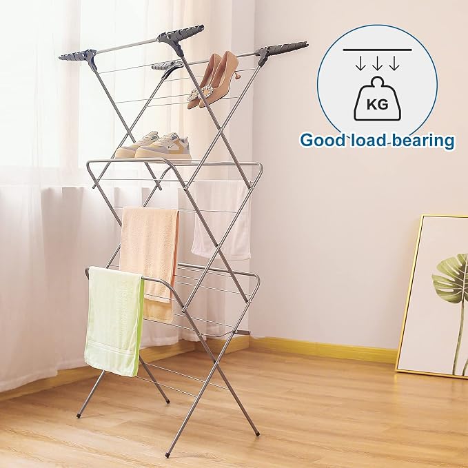3 Tier Clothes Airer Drying Indoor and Outdoor, Laundry Rack with Non-Slip Feet and Corner Spaces for Hangers, Flat Foldable for Space Saving Washing Line, 20m Drying Space