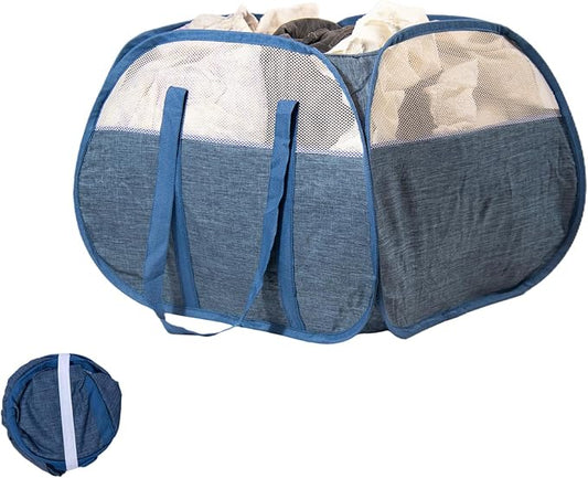 Collapsible Laundry Basket, 90L Tear Proof Mesh Pop-up Hamper | Foldable Storage Clothes Bag with Reinforced Handles for Laundry, Bathroom, Dorm, Travel, Camping, Space-saving, Blue