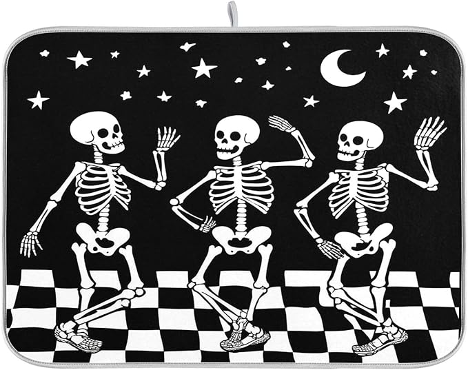 Halloween Skull Dance Dish Drying Mat for Kitchen Countertop 18x24 Spooky Skeleton Black Large Drying Mat Reusable Quick Dry Dish Sink Mats Easy Clean Decorative Essentials