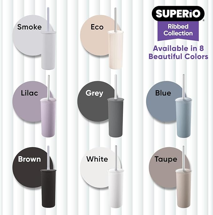 Superio Ribbed Collection Toilet Bowl Brush and Holder Set, Decorative Plastic Bathroom Toilet Brush with Holder, Toilet Cleaner Scrubber, Lilac - 2 Pack