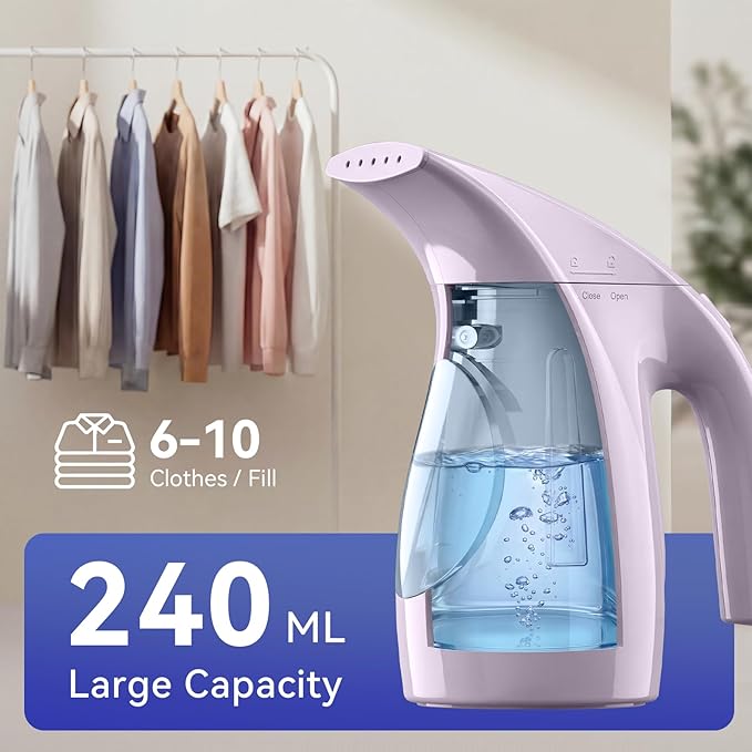 HiLIFE Steamer for Clothes, Portable Handheld Garment Wrinkle Remover, 240ml Big Capacity, 700W, Strong Penetrating Steam, for Home, Office and Travel, ONLY FOR 120V, Pale Lilac