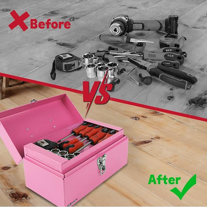 P.I.T. 12 Inch Tool Box,Portable Small Steel ToolBox with Metal Latch Closure for Household, Warehouse,Tools Storage,Pink
