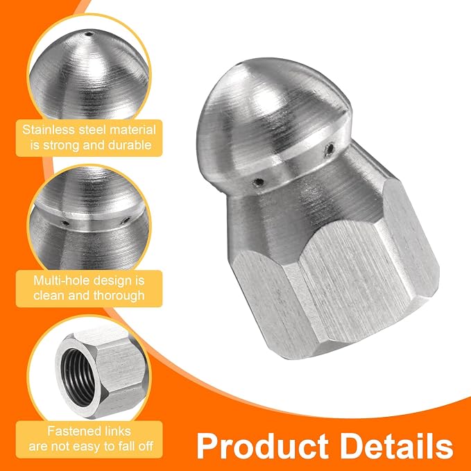 HARFINGTON Pressure Washer Sewer Nozzle 1/8" PT Orifice 5000 PSI Stainless Steel Drain Blaster Rotating Button Nose Fixed Cleaning Water Hose Jet for Drain Cleaning Hose