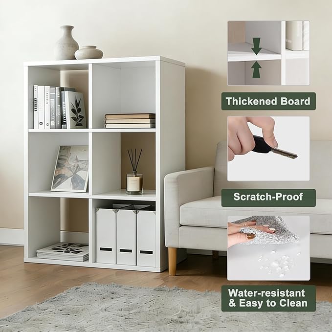 6 Cube Storage Organizer Shelf, Open Cube Bookshelf | Reversible Bookcase, Modern Sturdy Storage for Living Room, Bedroom, Entryway, Home Office, White