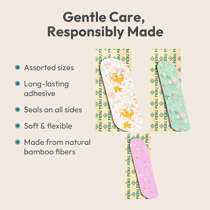 FEBU Wildflower Meadow Print Bamboo Fabric Bandages, 50 Count Strip | PFAS-Free, Natural Hypoallergenic, Compostable, Latex Free; For Scraps, Cuts and First Aid