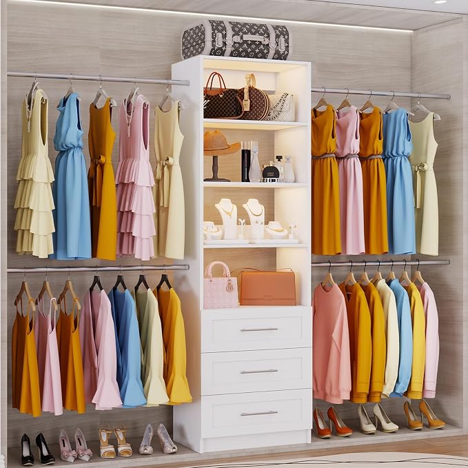 Closet System with 3 Drawers, 4FT-9FT Custom Closet Organizer System Modular Walk in Closet Storage Wooden System with 4 Expandable Hanging Rods Adjustable Shelves White